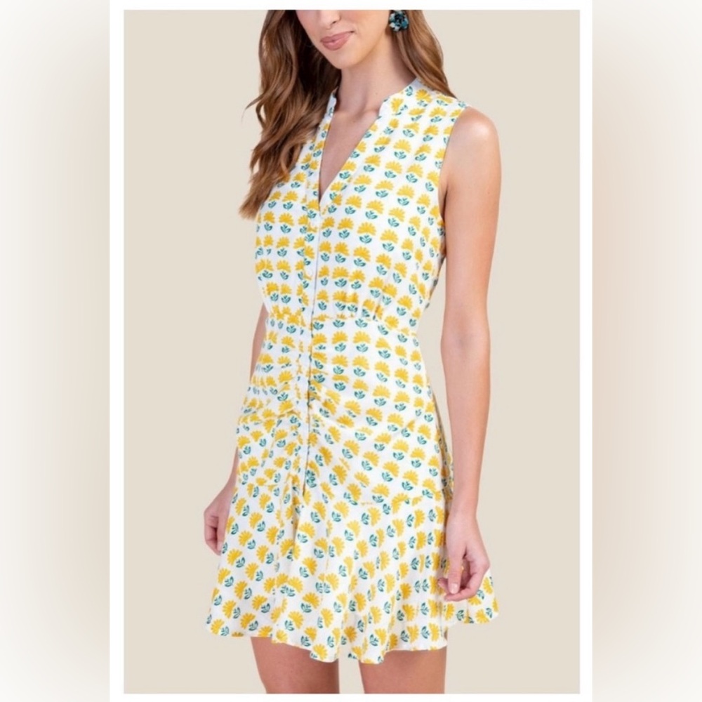 Miami Sleeveless Button Up Mini Dress with yellow flowers-size M Spring Summer